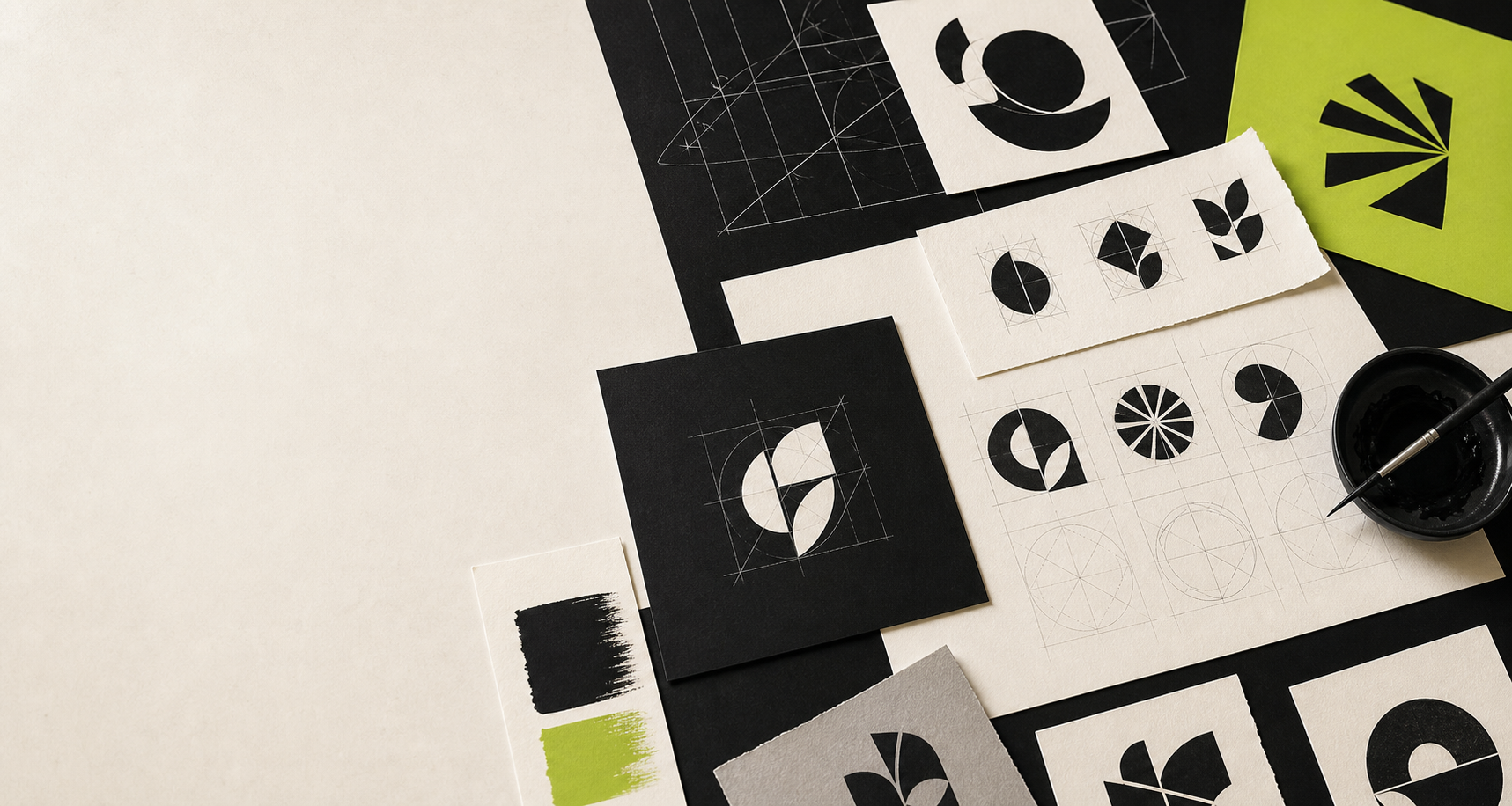 Editorial design table with abstract logo studies in black, off-white, and acid green